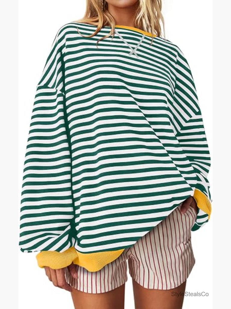 Oversized Striped Crewneck Sweatshirt Loose Color Block Pullover Top